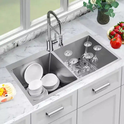 Lavello da cucina 84x56 cm in acciaio inossidabile 50/50 a doppia vasca, da appoggio/sottotop, 1-2 utenti