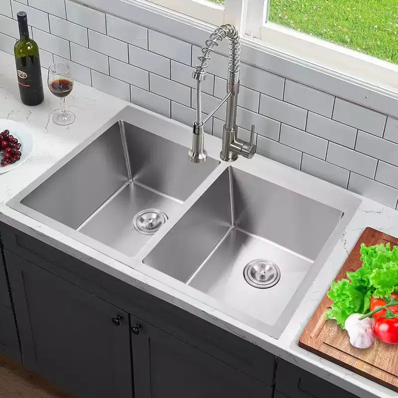 Lavello da cucina 84x56 cm in acciaio inossidabile 50/50 a doppia vasca, da appoggio/sottotop, 1-2 utenti