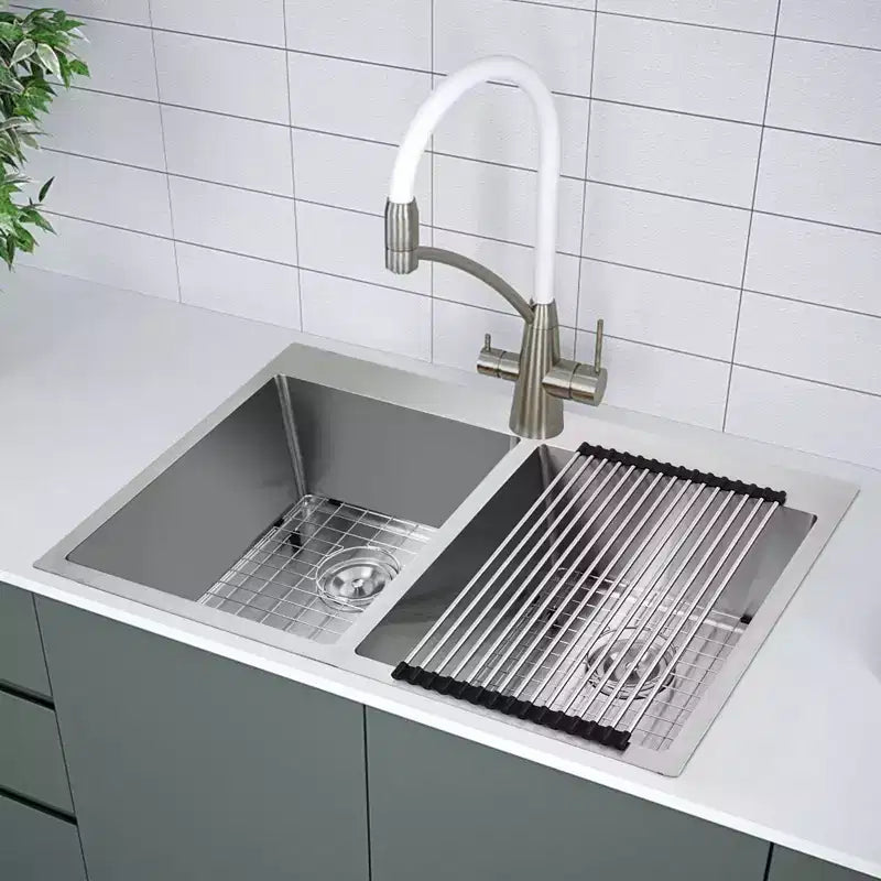 Lavello da cucina 84x56 cm in acciaio inossidabile 50/50 a doppia vasca, da appoggio/sottotop, 1-2 utenti