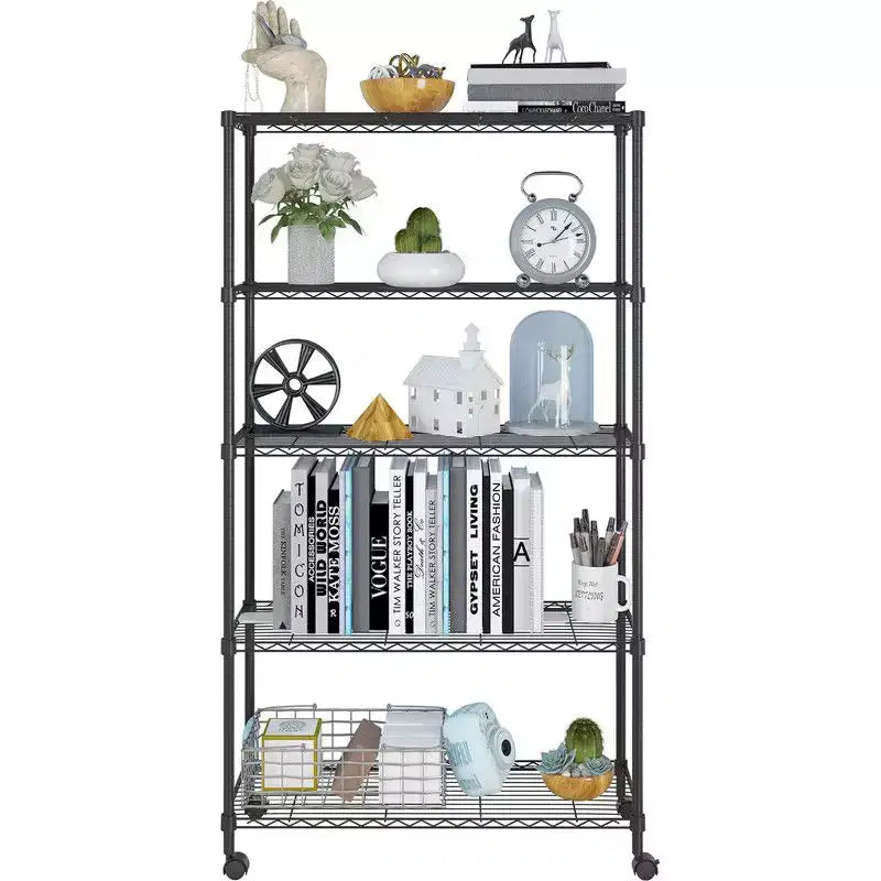 Scaffale a 5 ripiani in filo metallico da 35" L con ruote, nero, montaggio da 1 persona