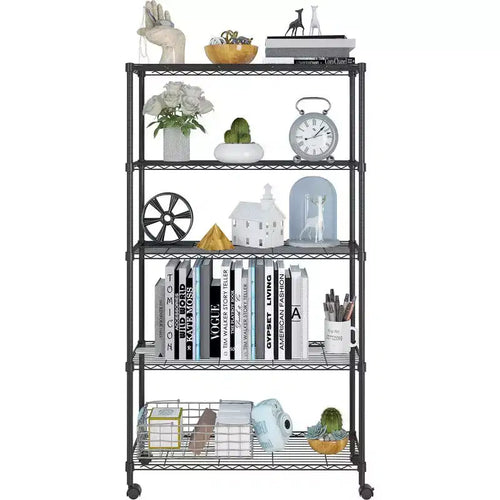 Scaffale a 5 ripiani in filo metallico da 35" L con ruote, nero, montaggio da 1 persona
