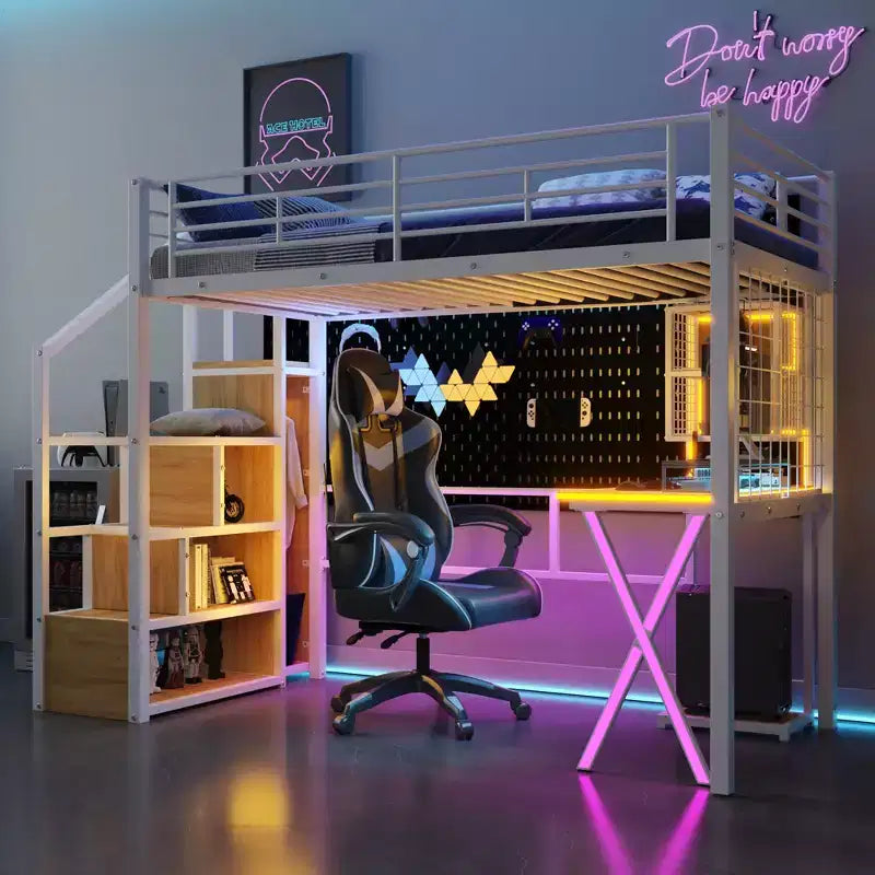 Letto a soppalco in metallo nero con scrivania e armadio, singolo/matrimoniale, 1 persona