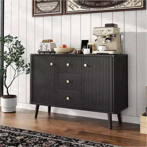Mobile credenza buffet da 120 cm, legno marrone, scanalato, 3 cassetti e 2 ante, 1 persona