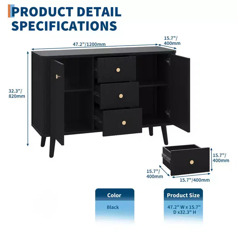 Mobile credenza buffet da 120 cm, legno marrone, scanalato, 3 cassetti e 2 ante, 1 persona