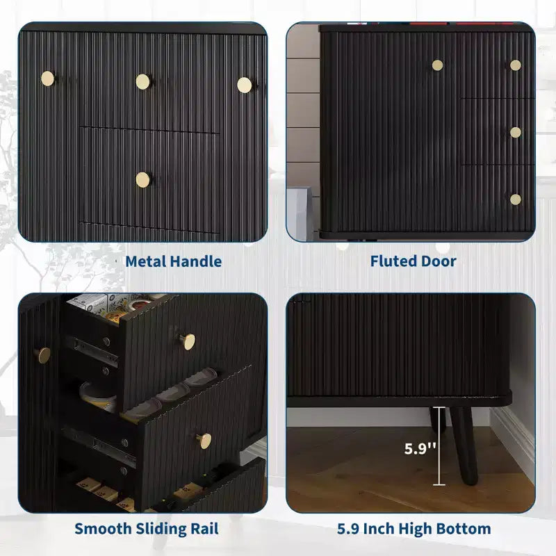 Mobile credenza buffet da 120 cm, legno marrone, scanalato, 3 cassetti e 2 ante, 1 persona