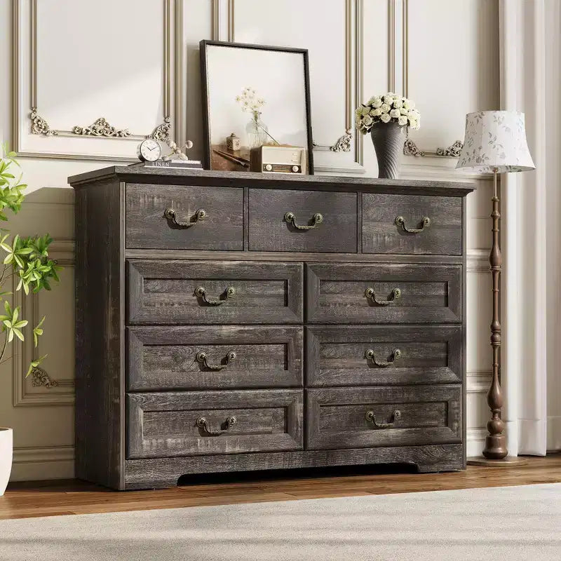 Comò a 9 cassetti – Nero / Grigio / Bianco, Legno, Singolo