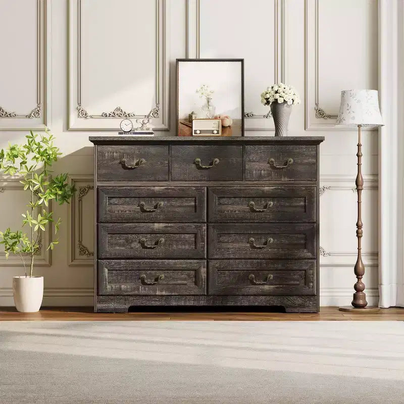 Comò a 9 cassetti – Nero / Grigio / Bianco, Legno, Singolo