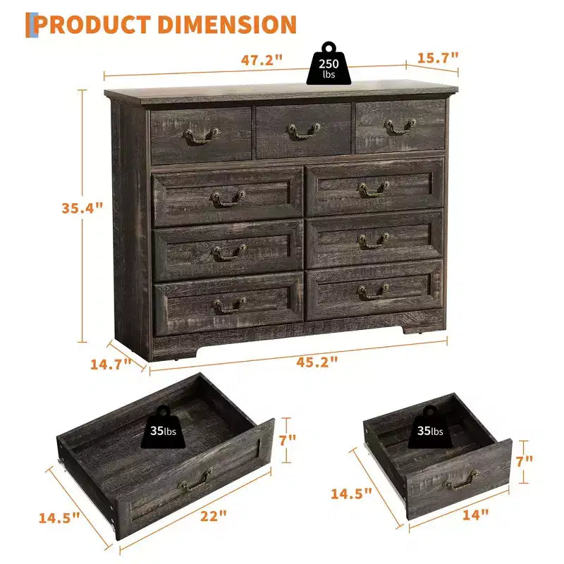 Comò a 9 cassetti – Nero / Grigio / Bianco, Legno, Singolo