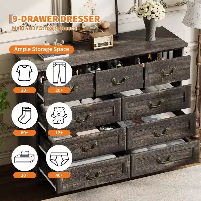 Comò a 9 cassetti – Nero / Grigio / Bianco, Legno, Singolo