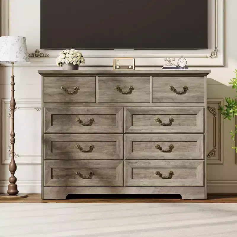 Comò a 9 cassetti – Nero / Grigio / Bianco, Legno, Singolo