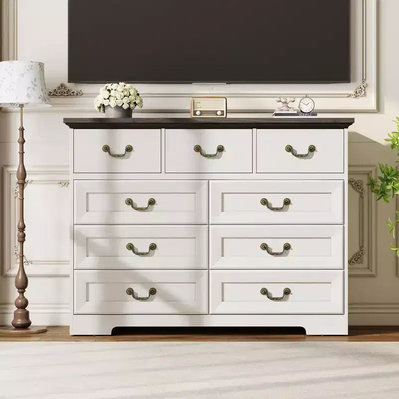 Comò a 9 cassetti – Nero / Grigio / Bianco, Legno, Singolo