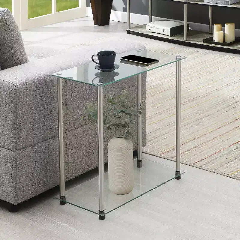 Tavolino laterale in vetro a 2 livelli argento, stile moderno, montaggio 1 persona