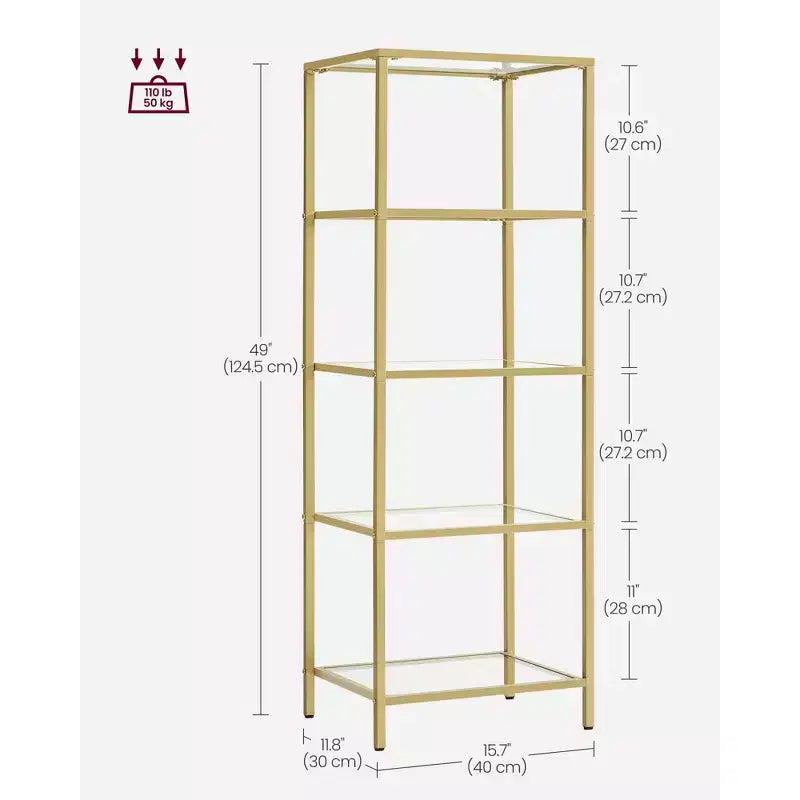 Libreria sottile a 5 ripiani, nero inchiostro / oro metallico, ripiani in vetro temperato, struttura in acciaio