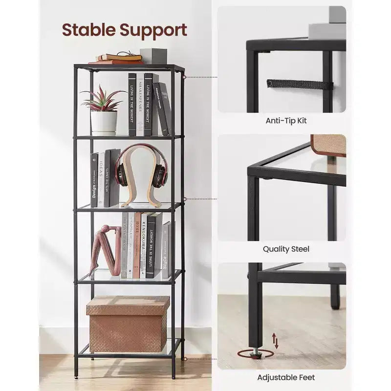 Libreria sottile a 5 ripiani, nero inchiostro / oro metallico, ripiani in vetro temperato, struttura in acciaio