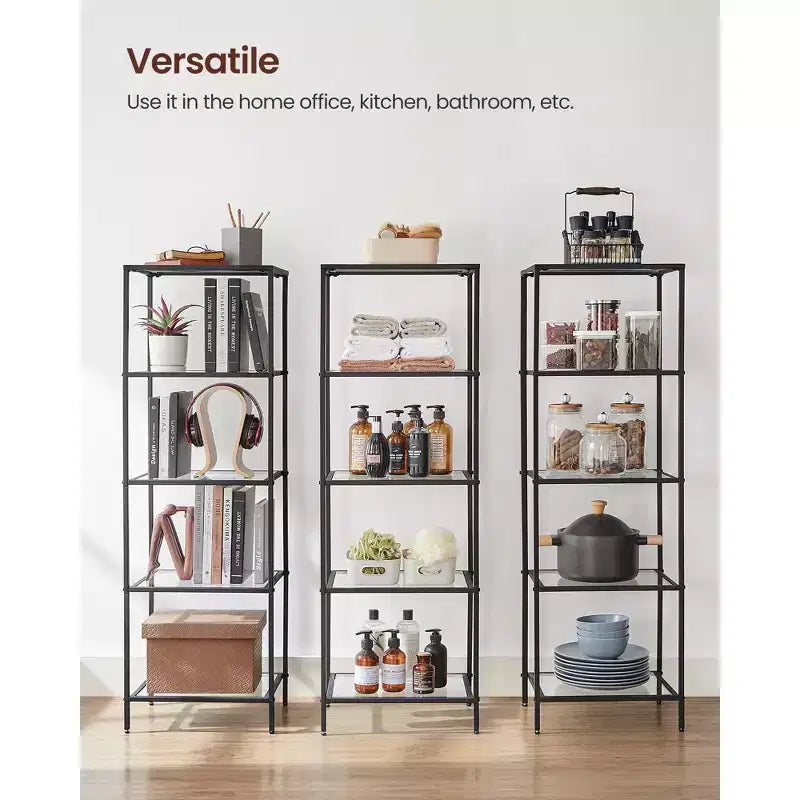 Libreria sottile a 5 ripiani, nero inchiostro / oro metallico, ripiani in vetro temperato, struttura in acciaio