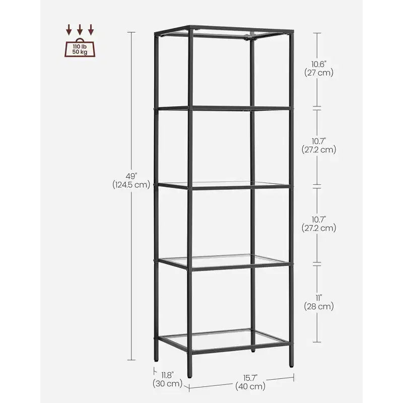 Libreria sottile a 5 ripiani, nero inchiostro / oro metallico, ripiani in vetro temperato, struttura in acciaio