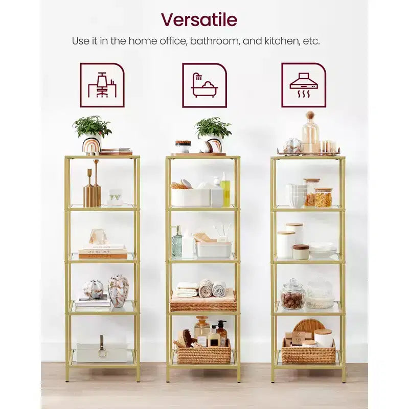 Libreria sottile a 5 ripiani, nero inchiostro / oro metallico, ripiani in vetro temperato, struttura in acciaio