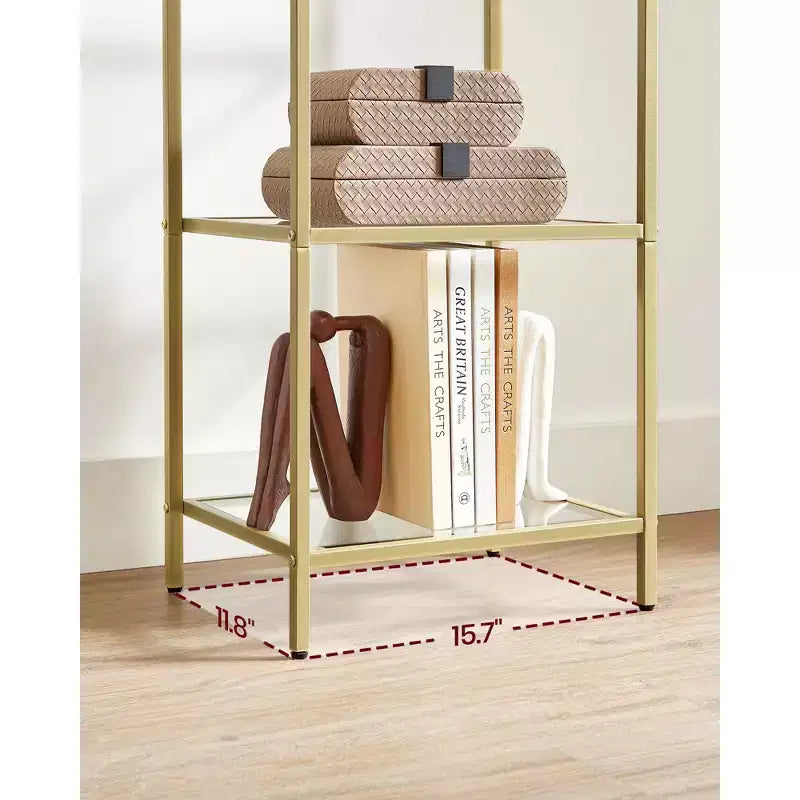 Libreria sottile a 5 ripiani, nero inchiostro / oro metallico, ripiani in vetro temperato, struttura in acciaio