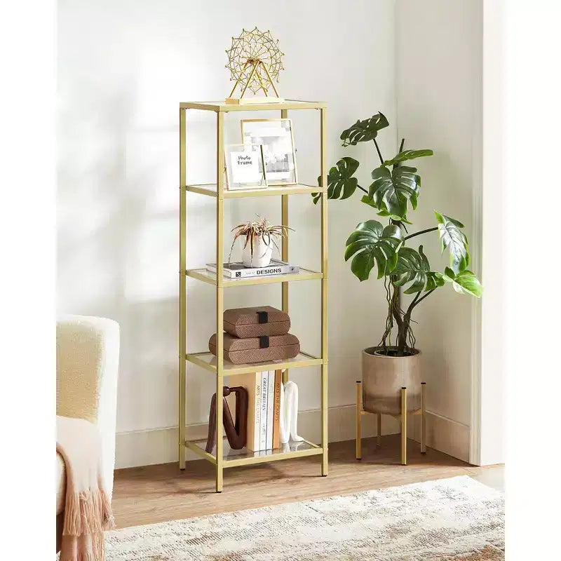 Libreria sottile a 5 ripiani, nero inchiostro / oro metallico, ripiani in vetro temperato, struttura in acciaio