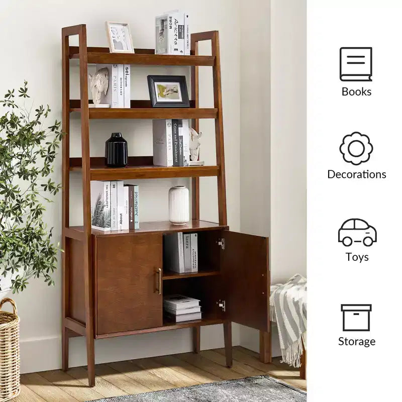 Libreria a Scala 193 cm, Legno Naturale, 4 Ripiani, Monoposto