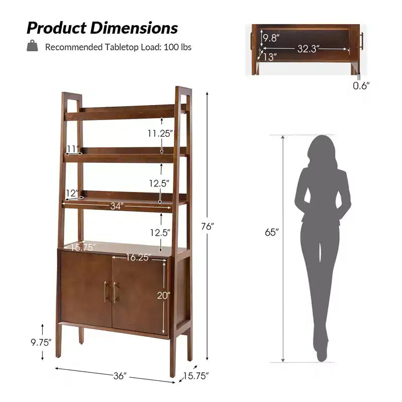 Libreria a Scala 193 cm, Legno Naturale, 4 Ripiani, Monoposto