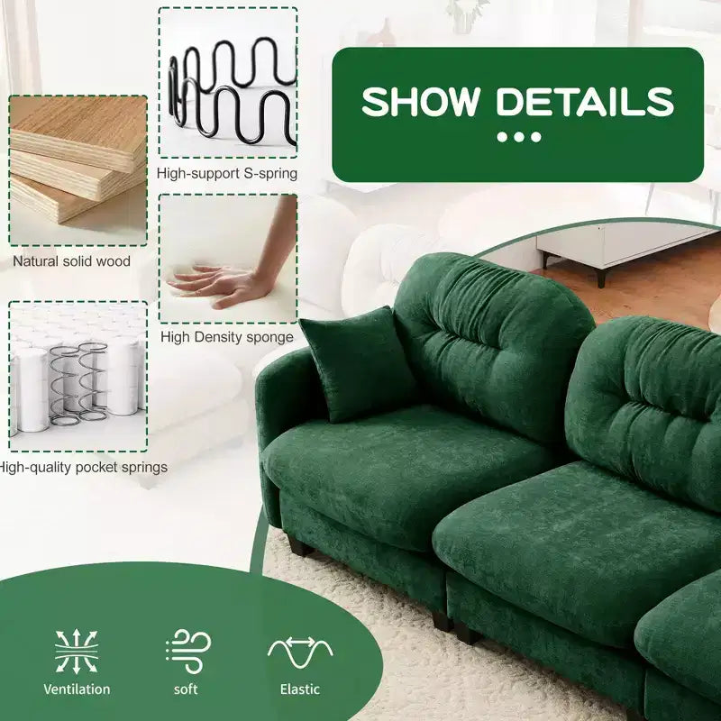 Divano componibile modulare a 3 posti beige / cammello / verde / rosa, in tessuto ciniglia