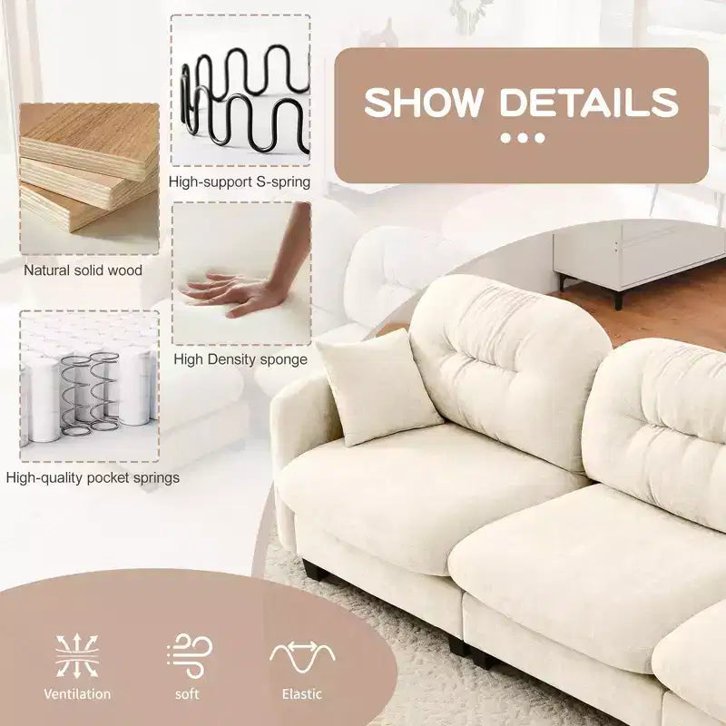 Divano componibile modulare a 3 posti beige / cammello / verde / rosa, in tessuto ciniglia