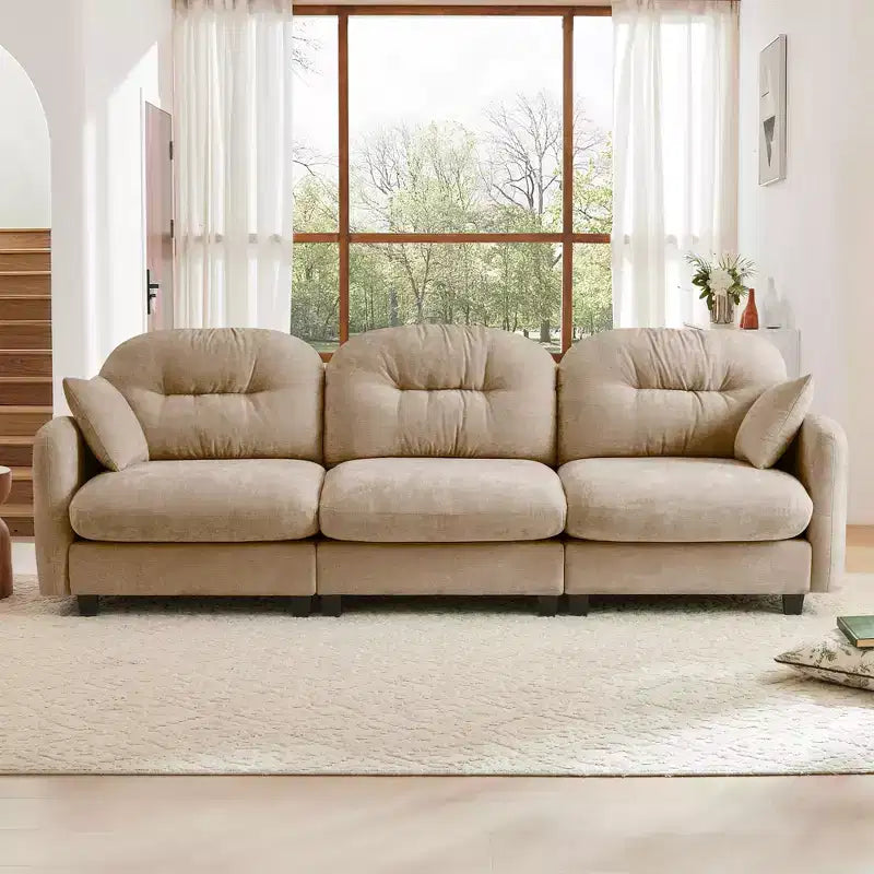 Divano componibile modulare a 3 posti beige / cammello / verde / rosa, in tessuto ciniglia