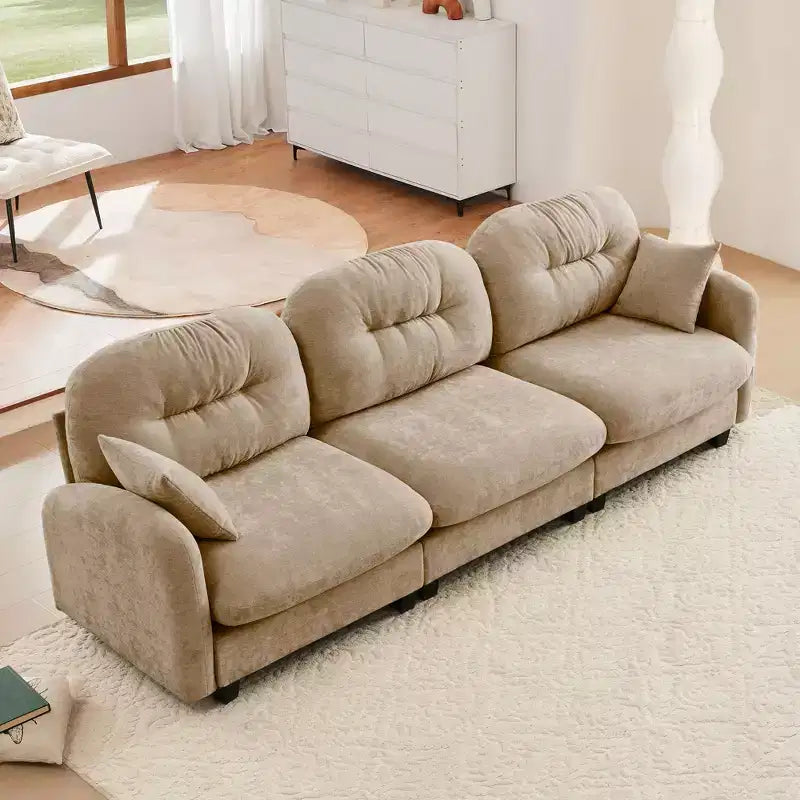 Divano componibile modulare a 3 posti beige / cammello / verde / rosa, in tessuto ciniglia