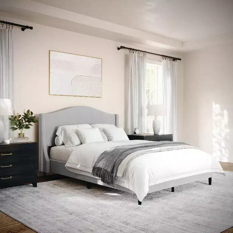 Letto a piattaforma imbottito con testiera curva – Beige/Grigio/Bianco sporco, Matrimoniale francese/Matrimoniale standard/King size, Per 1 persona