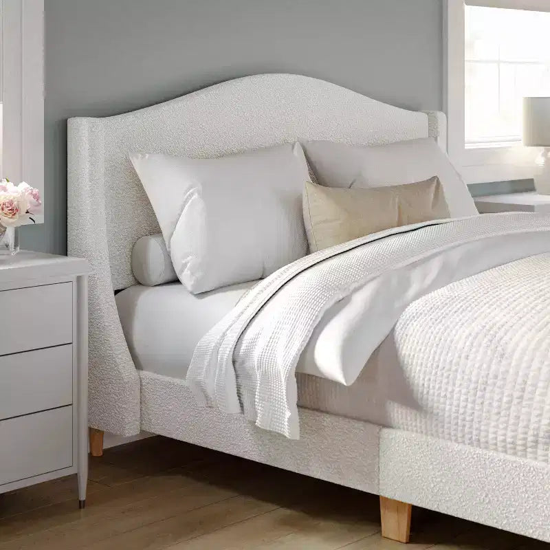 Letto a piattaforma imbottito con testiera curva – Beige/Grigio/Bianco sporco, Matrimoniale francese/Matrimoniale standard/King size, Per 1 persona