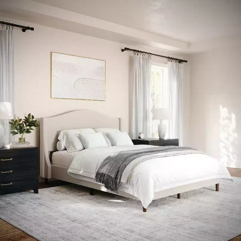 Letto a piattaforma imbottito con testiera curva – Beige/Grigio/Bianco sporco, Matrimoniale francese/Matrimoniale standard/King size, Per 1 persona