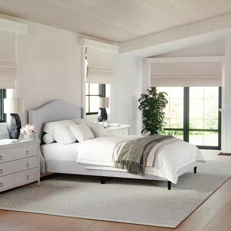 Letto a piattaforma imbottito con testiera curva – Beige/Grigio/Bianco sporco, Matrimoniale francese/Matrimoniale standard/King size, Per 1 persona