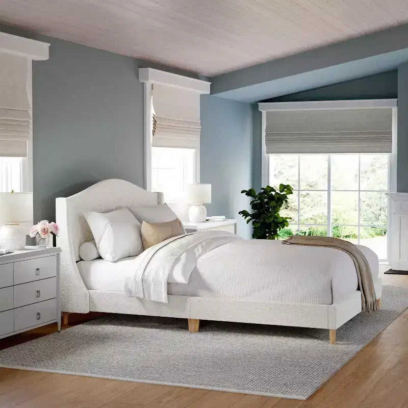 Letto a piattaforma imbottito con testiera curva – Beige/Grigio/Bianco sporco, Matrimoniale francese/Matrimoniale standard/King size, Per 1 persona