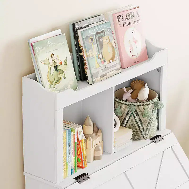 Libreria e Contenitore Giocattoli in Legno Grigio/Bianco con Coperchio a Ribalta, Per Bambini e Bambine