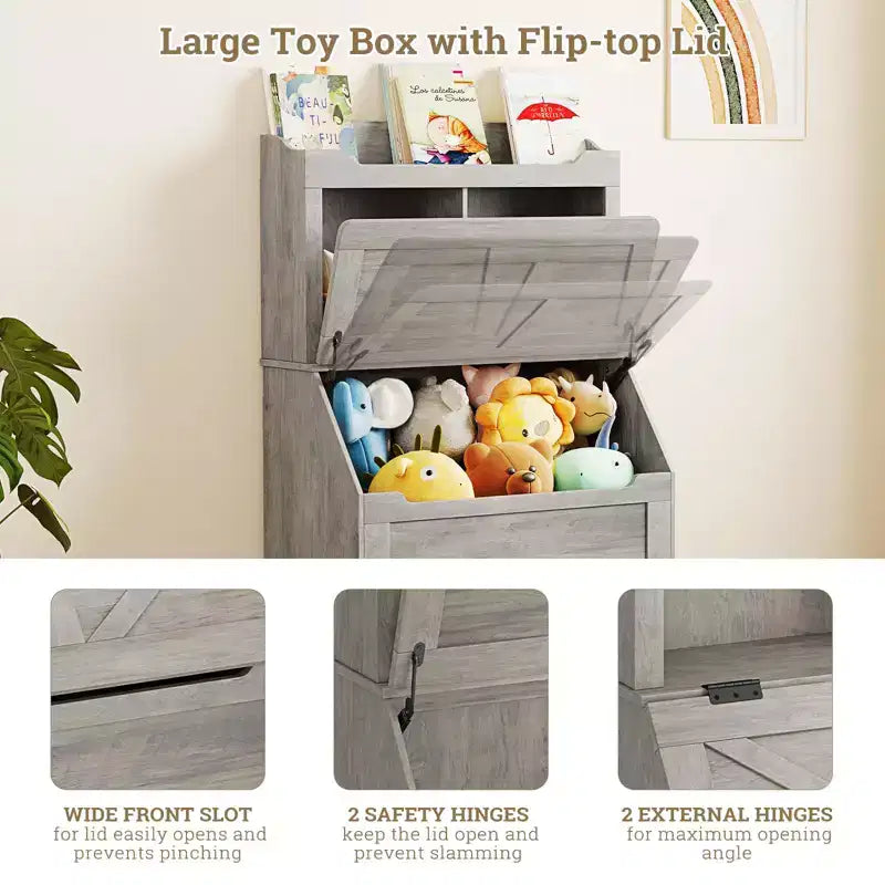 Libreria e Contenitore Giocattoli in Legno Grigio/Bianco con Coperchio a Ribalta, Per Bambini e Bambine