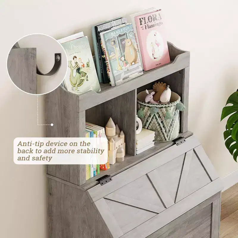 Libreria e Contenitore Giocattoli in Legno Grigio/Bianco con Coperchio a Ribalta, Per Bambini e Bambine