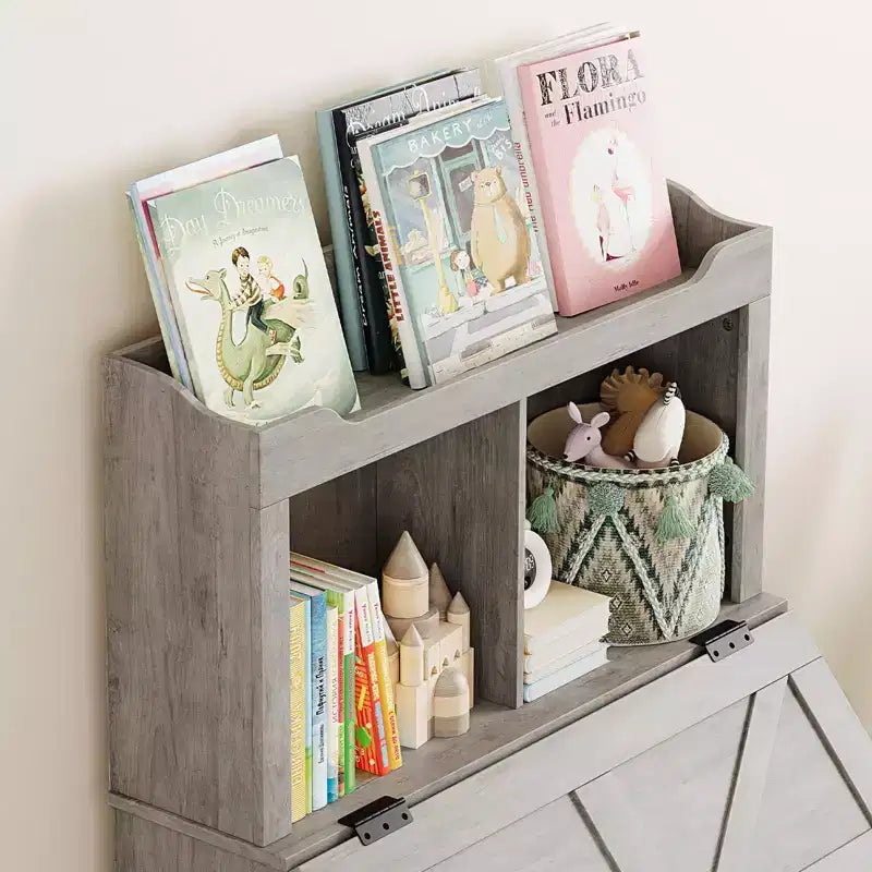 Libreria e Contenitore Giocattoli in Legno Grigio/Bianco con Coperchio a Ribalta, Per Bambini e Bambine