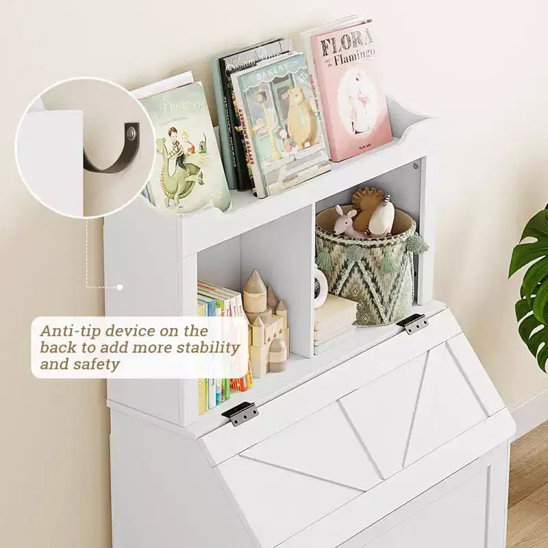 Libreria e Contenitore Giocattoli in Legno Grigio/Bianco con Coperchio a Ribalta, Per Bambini e Bambine