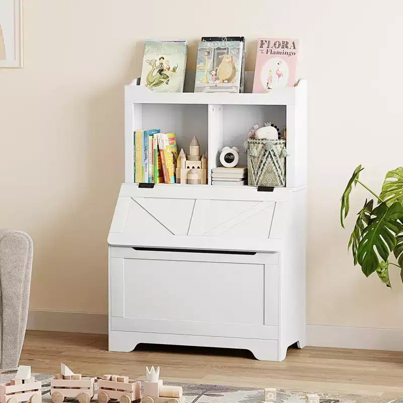 Libreria e Contenitore Giocattoli in Legno Grigio/Bianco con Coperchio a Ribalta, Per Bambini e Bambine