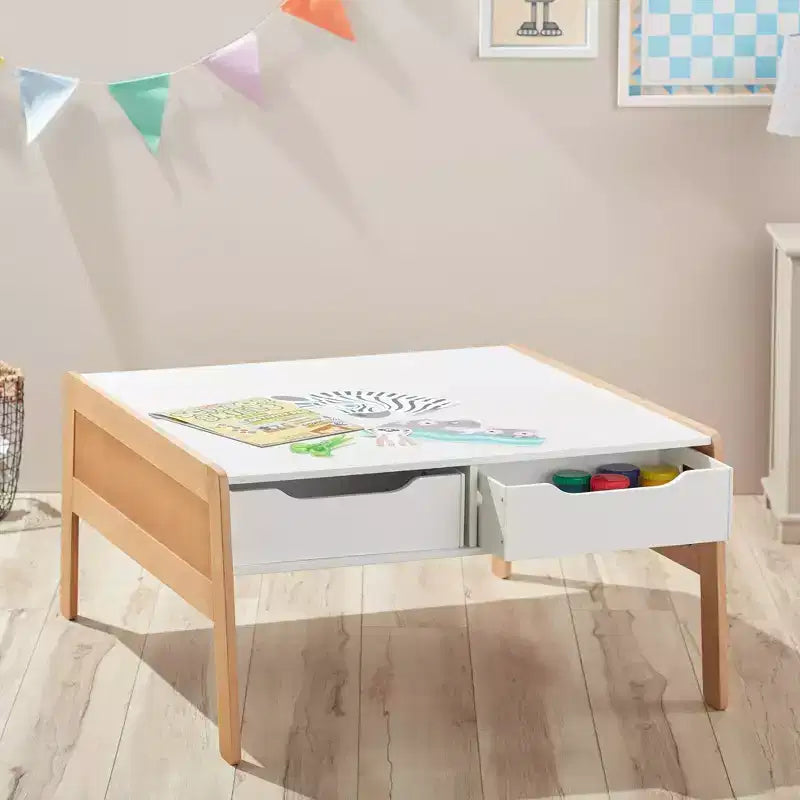 Tavolo attività in legno bianco e naturale con 4 contenitori, per 1 bambino di età 3-8 anni