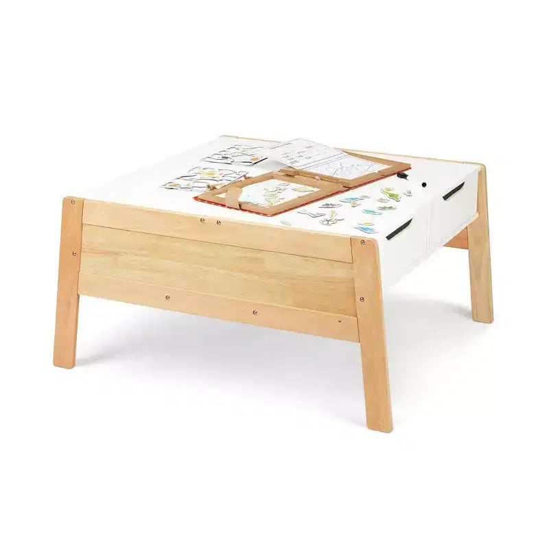 Tavolo attività in legno bianco e naturale con 4 contenitori, per 1 bambino di età 3-8 anni