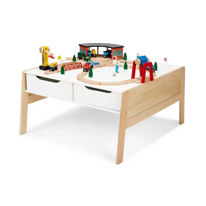 Tavolo attività in legno bianco e naturale con 4 contenitori, per 1 bambino di età 3-8 anni