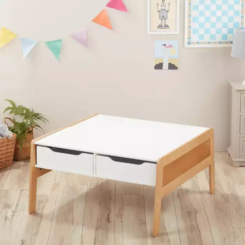 Tavolo attività in legno bianco e naturale con 4 contenitori, per 1 bambino di età 3-8 anni