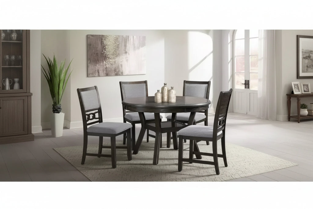 Set da pranzo in noce da 5 pezzi per 4 persone – Tavolo rettangolare con sedie rivestite in tessuto grigio