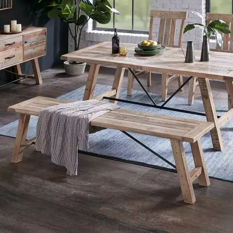 Panca da pranzo rettangolare in pino naturale e metallo, 2 posti