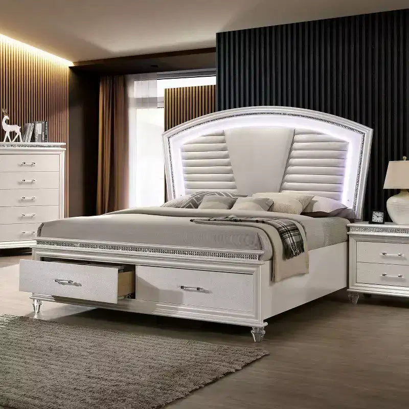 Letto a piattaforma California King bianco con luce LED e cassetti contenitore – 2 persone