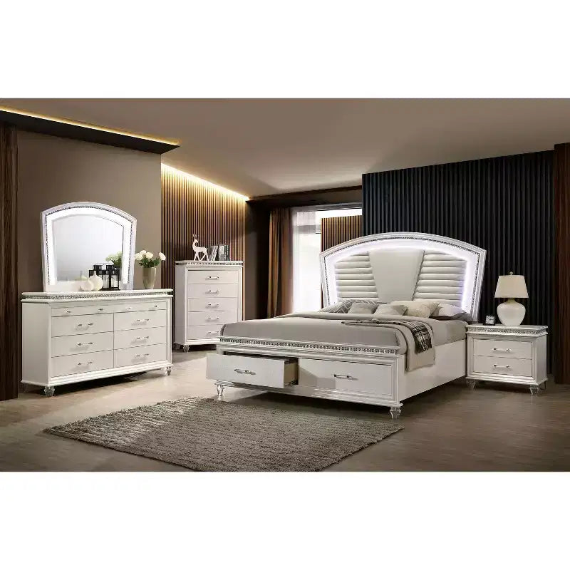 Letto a piattaforma California King bianco con luce LED e cassetti contenitore – 2 persone
