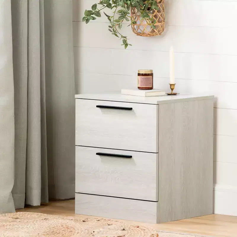 Comodino a 2 cassetti, rovere / rovere grigio, rettangolare, assemblaggio da 1 persona