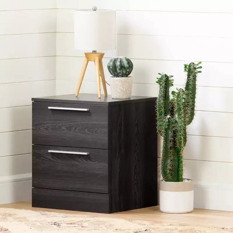Comodino a 2 cassetti, rovere / rovere grigio, rettangolare, assemblaggio da 1 persona